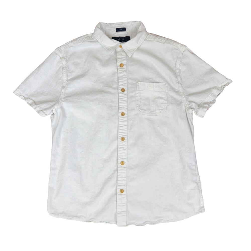 Even Tide White Linen Cotton Short Sleeve Button Up Slim Lg